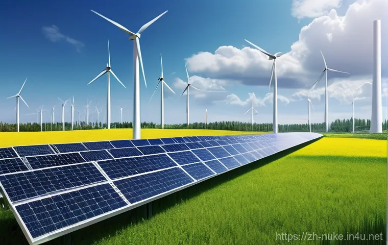 원자력 발전과 재생에너지의 협력 - **Prompt:** A futuristic, integrated energy landscape where a sleek, modern nuclear power plant stan...