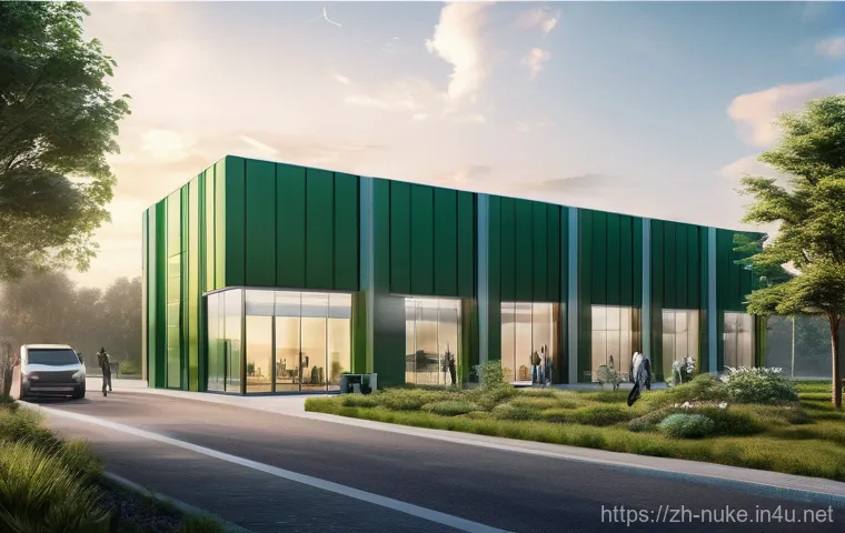 원자력 발전소의 최신 기술 동향 - A highly detailed, photorealistic image of a sleek, futuristic Small Modular Reactor (SMR) complex n...