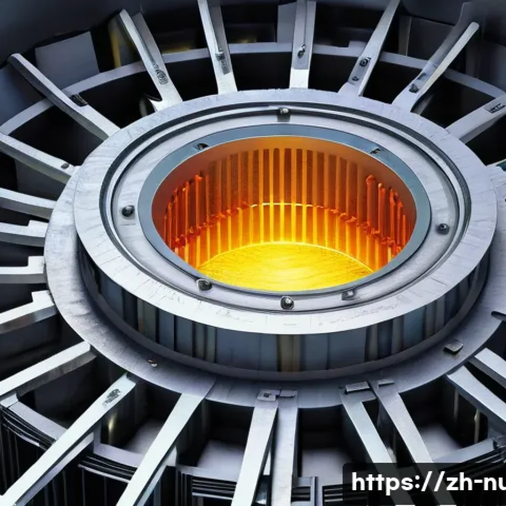 원자력 발전소에서 사용하는 소재 연구 - **Prompt:** A highly detailed, realistic cross-section of a nuclear reactor core, emphasizing the ex...