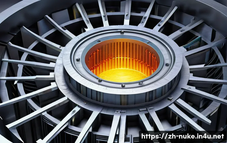 원자력 발전소에서 사용하는 소재 연구 - **Prompt:** A highly detailed, realistic cross-section of a nuclear reactor core, emphasizing the ex...