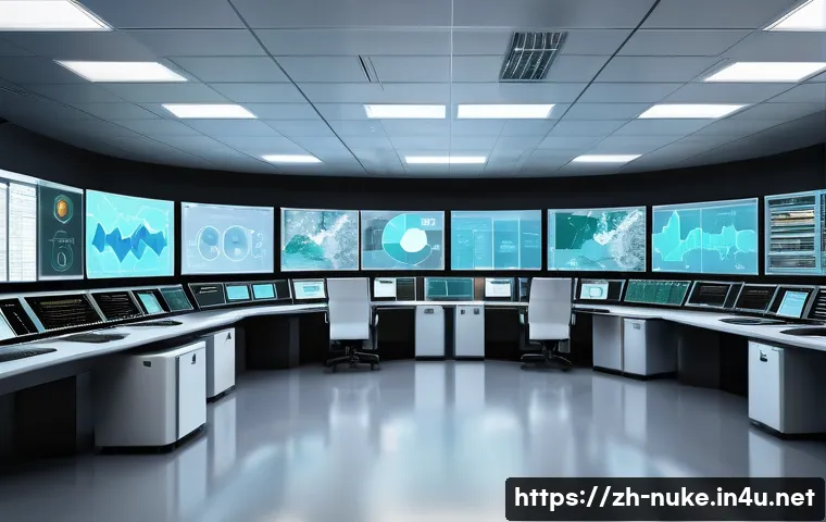 원자력 발전소 설계와 운영 사례 - A detailed, realistic illustration of a modern nuclear power plant control room showcasing advanced ...