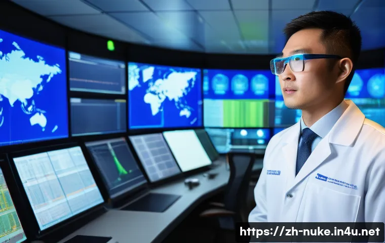 원자력 엔지니어 직무 인터뷰 - A highly detailed, realistic scene inside a modern nuclear power plant control room, featuring a foc...