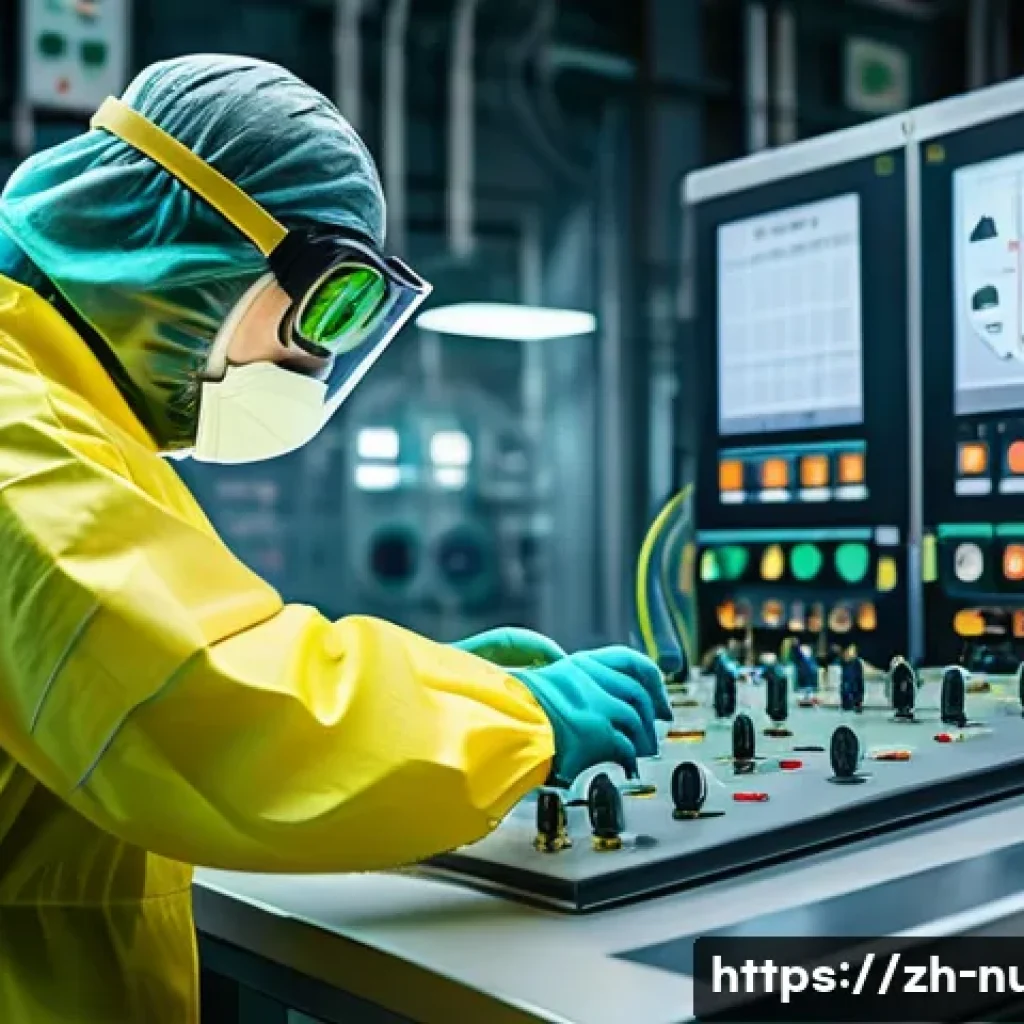 원자력 실험 장비 사용법 - A modern nuclear laboratory scene showing a technician wearing full protective gear including a radi...