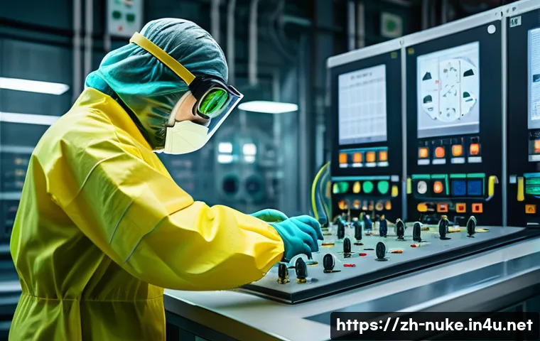 원자력 실험 장비 사용법 - A modern nuclear laboratory scene showing a technician wearing full protective gear including a radi...