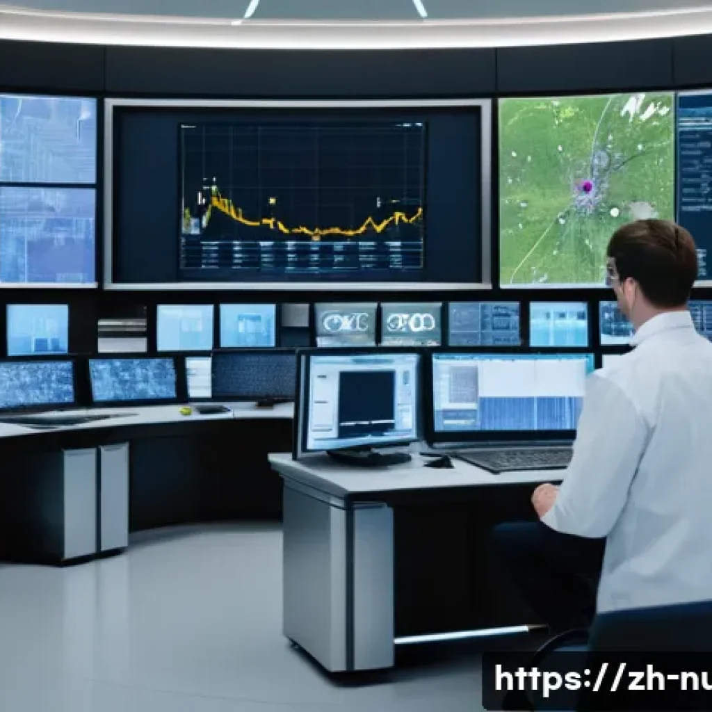 원자력 엔지니어의 업무 효율화 도구 - A high-tech nuclear power plant control room featuring large digital screens displaying multi-dimens...