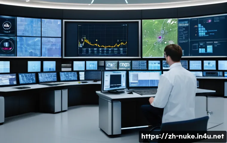 원자력 엔지니어의 업무 효율화 도구 - A high-tech nuclear power plant control room featuring large digital screens displaying multi-dimens...