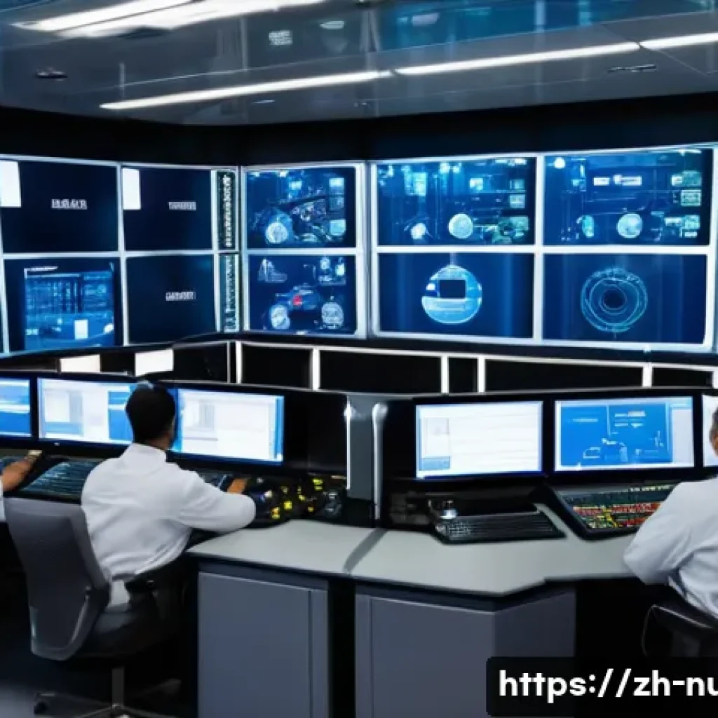 원자력 발전소 사고 예방 기법 - A high-tech nuclear power plant control room featuring multiple large digital screens displaying rea...