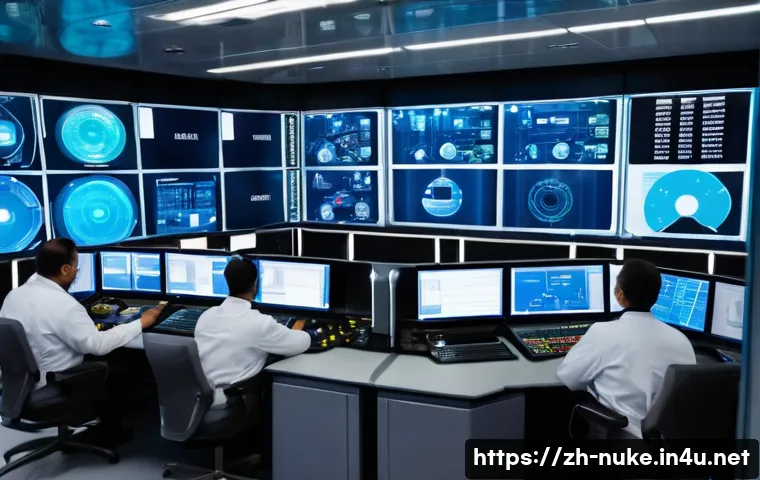 원자력 발전소 사고 예방 기법 - A high-tech nuclear power plant control room featuring multiple large digital screens displaying rea...