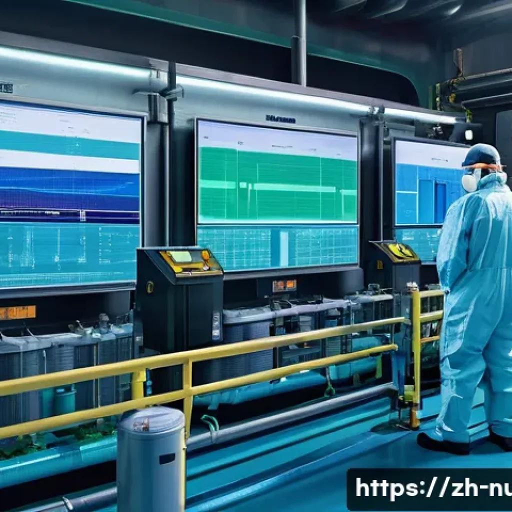원자력 발전소의 환경영향평가 사례 - A detailed, realistic scene of a modern nuclear power plant’s cooling system facility, featuring lar...