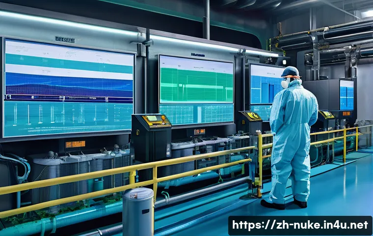 원자력 발전소의 환경영향평가 사례 - A detailed, realistic scene of a modern nuclear power plant&rsquo;s cooling system facility, featuring lar...