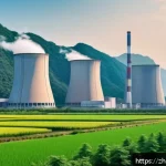 원자력 발전의 경제적 가치 분석 - A futuristic nuclear power plant complex set against a clear blue sky, showcasing sleek modern react...