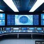 원자력 발전소의 데이터 관리 시스템 - A futuristic nuclear power plant control room featuring a vast wall of high-resolution digital scree...