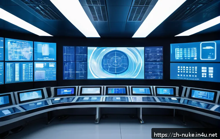 원자력 발전소의 데이터 관리 시스템 - A futuristic nuclear power plant control room featuring a vast wall of high-resolution digital scree...