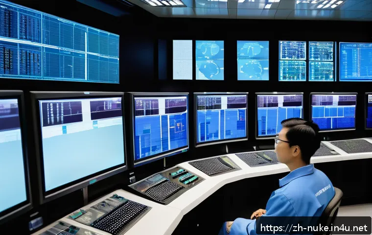 원자력 기술자의 하루 업무 사례 - A highly detailed scene inside a modern nuclear power plant control room, showing a group of nuclear...