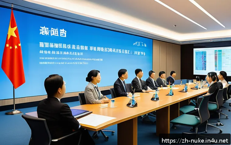 원자력 기술자의 해외 교류 기회 - A diverse group of international nuclear energy professionals engaged in a formal conference room di...
