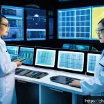 원자력 엔지니어의 스킬 업그레이드 - A highly detailed and realistic interior view of a modern nuclear power plant control room, featurin...