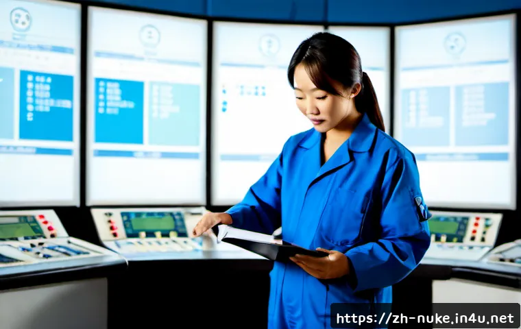 원자력 기술자가 알아야 할 법률 - Photorealistic nuclear power plant control room, an East Asian nuclear technician in clean protectiv...