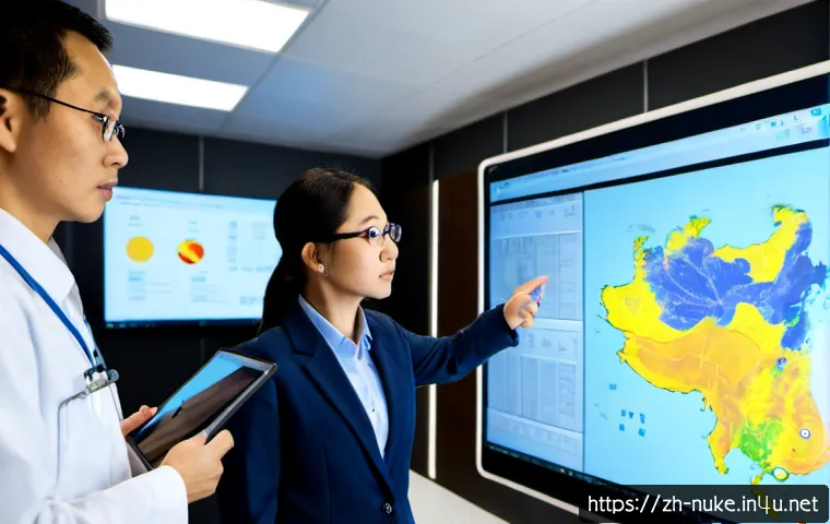 원자력 엔지니어 협동 프로젝트 사례 - Photorealistic nuclear engineering collaboration meeting in a modern control-room simulation lab, di...