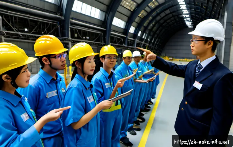 원자력 발전소 현장 실습 후기 - Photorealistic nuclear power plant field training scene, diverse adult engineering students wearing ...