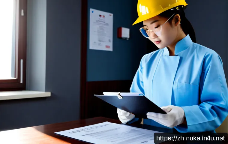 원자력 기술 자격 취득 경험담 - Photorealistic Chinese nuclear technology professional in a clean modern study room, reviewing techn...