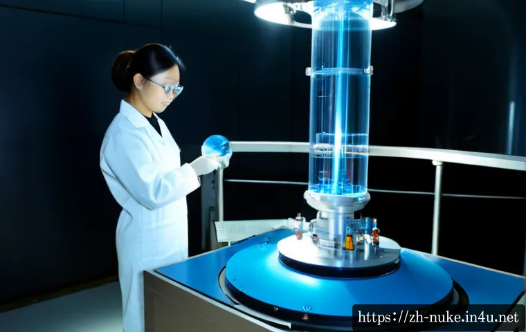 원자력 기술과 물리학의 융합 사례 - Photorealistic nuclear physics research laboratory, a female scientist in protective lab attire care...